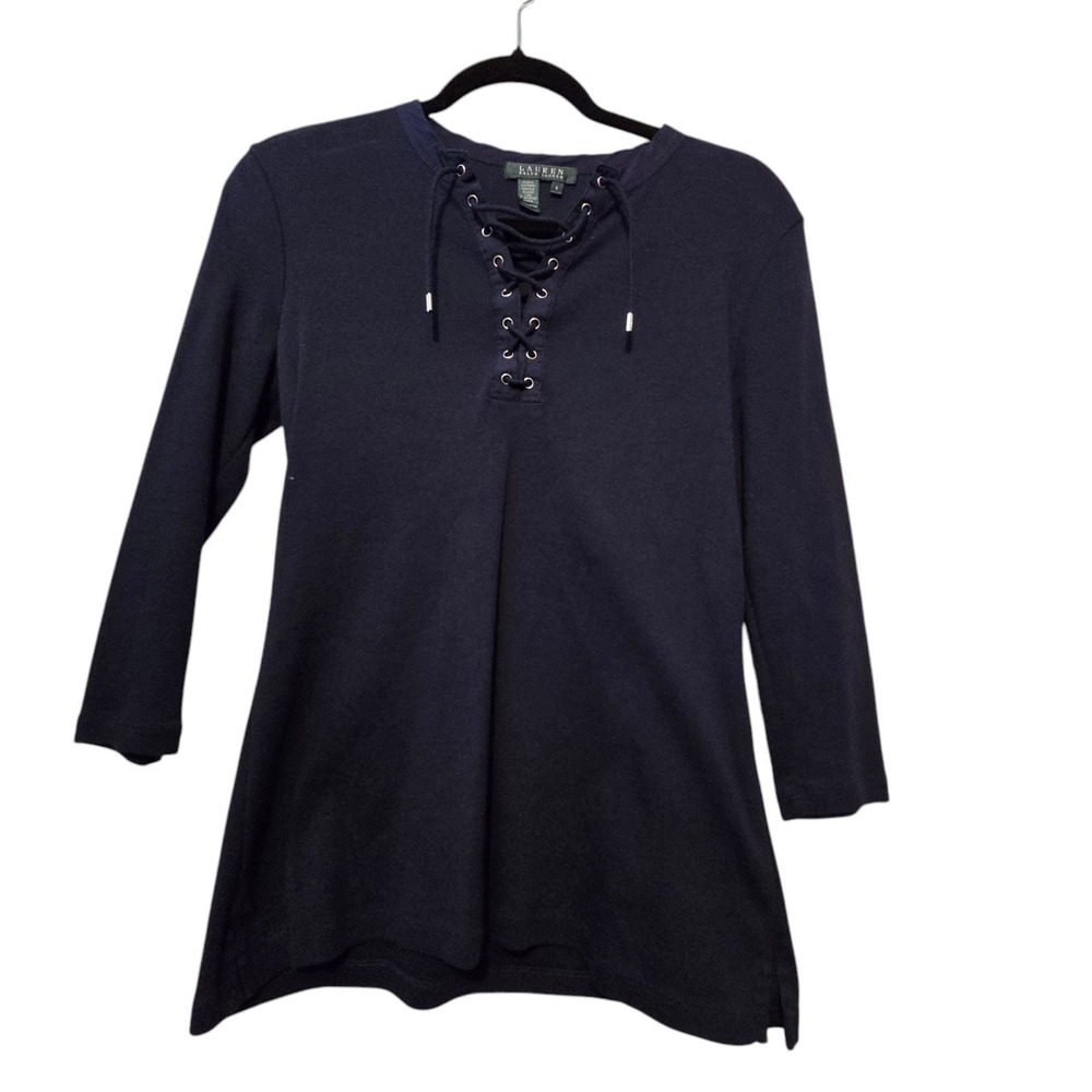 Ralph Lauren LRL Women's Lace Up Pullover Top SM Navy Rib Knit EUC Hippie Boho